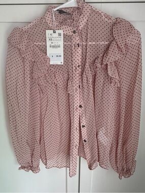 Zara Pink Polka Dot Ruffle Button-Down Blouse